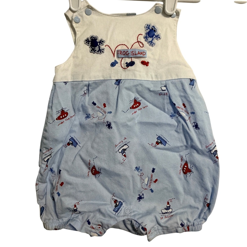 Vitamins Baby Frog Island Blue White Nautical Submarine Romper 0-3 Months